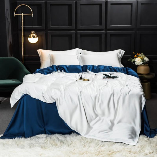 Silk Bed White And Blue Cover Set Flat Sheet