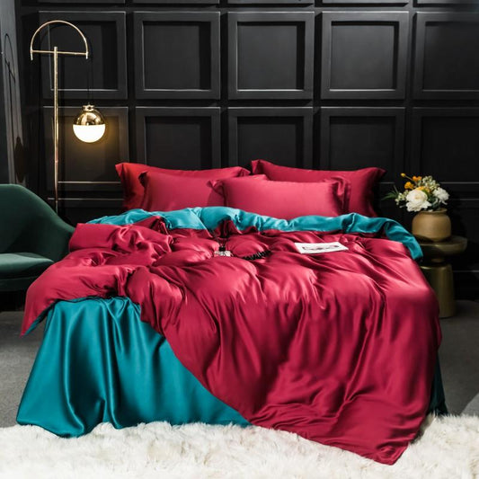 Silk Bed Red And Blue Cover Set Flat Sheet