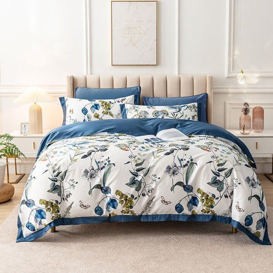 Blue Cotton Flower Bedding Cover Flat Sheet Set Pillowcase