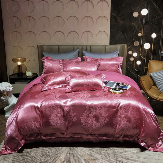 Pink Jacquard Bedding Set With Sheet, Duvet Cover and Pillow Case