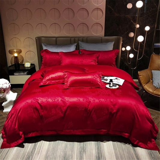 Red Jacquard Embroidery Duvet Cover Bedding Set