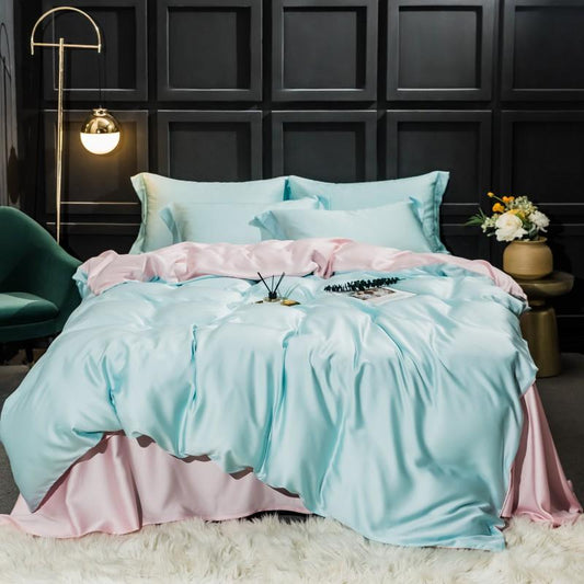 Silk Bed Blue And Pink Cover Set Flat Sheet