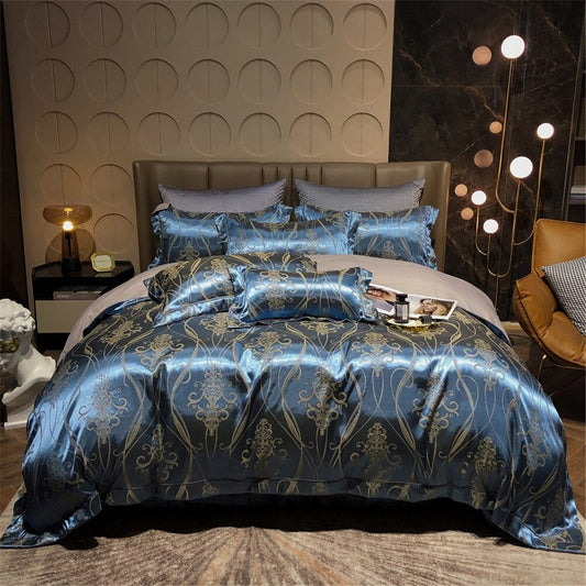 Blue Jacquard Bedding Set With Sheet,Duvet Cover and Pillow Case