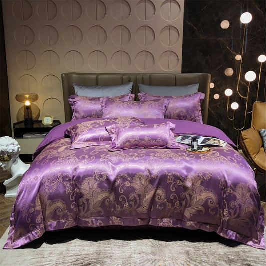 Purple Jacquard Bedding Set With Sheet, Duvet Cover and Pillow Case